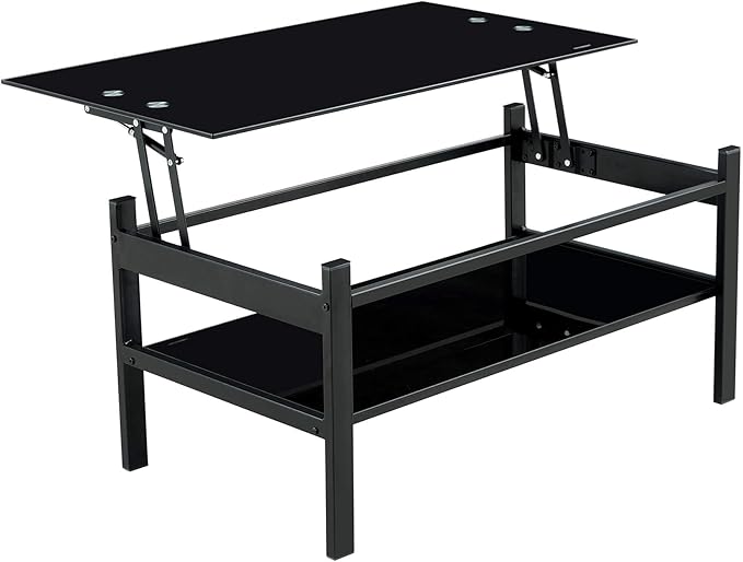 Lift Top Coffee Table, Modern Simple Black Tempered Glass Coffee Tables for Living Room Size 37.8"(W) x 21.6"(D) x 17.72"(H)
