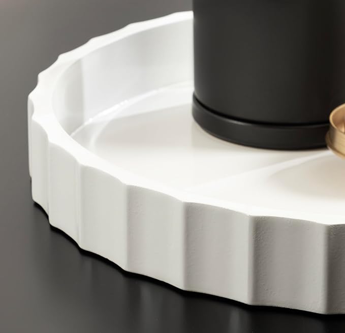 Kate and Laurel Lissi Decorative Round Tray with Wavy Design; 16 Inch Diameter; White; Modern Scalloped Circle Serving Tray for Coffee Table Ottoman; Dining Table; or Entryway Catch-All Tray