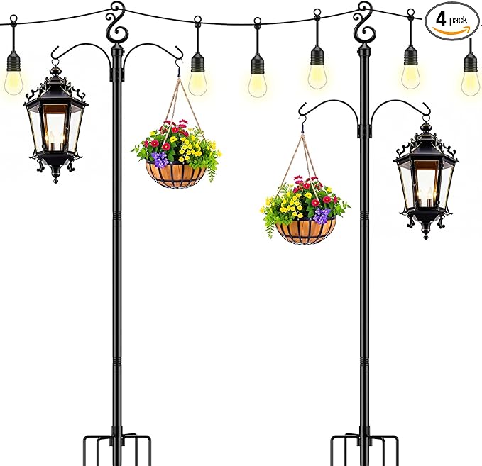 10 Ft Height 1 Inch Diameter String Light Poles StringLight Stand with Hooks Metal Poles for Outside Patio Yard Garden Backyard (10Ft Pole with Hooks, 4)