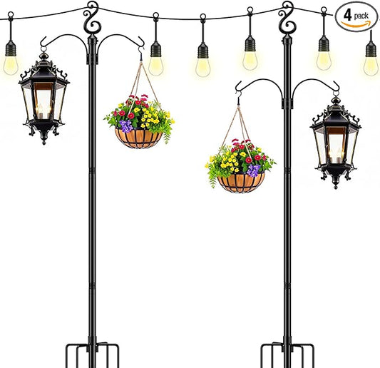 10 Ft Height 1 Inch Diameter String Light Poles StringLight Stand with Hooks Metal Poles for Outside Patio Yard Garden Backyard (10Ft Pole with Hooks, 4)