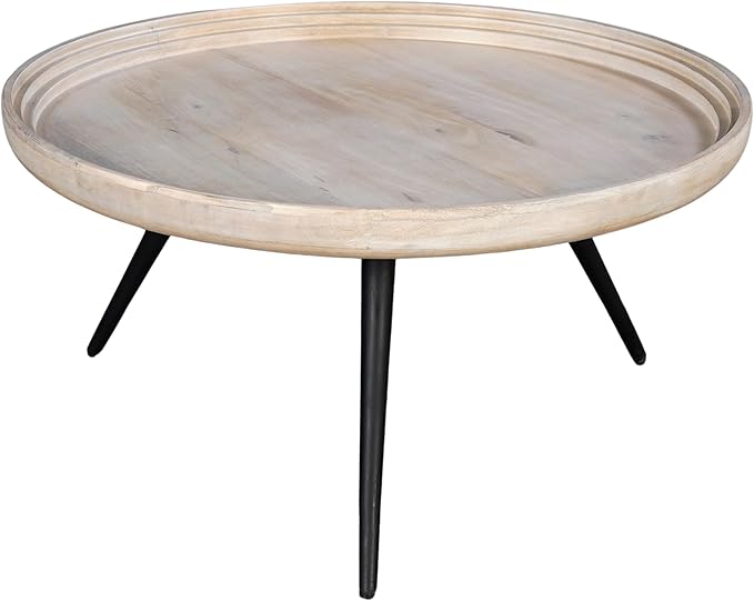 The Urban Port Urban Chic Coffee Table 30 Inch Round Tray Top, Handcrafted Mango Wood, Washed White and Black
