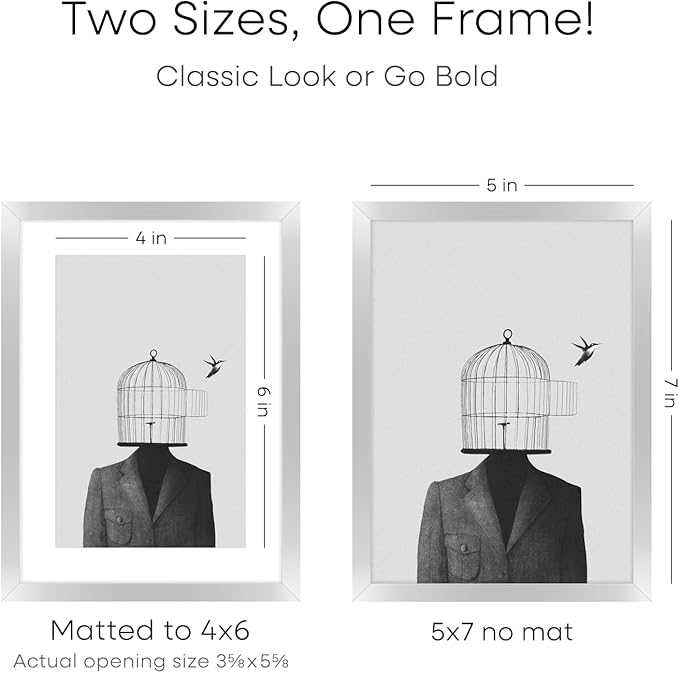 Homeforia 5x7 Picture Frame Silver, High End Metal 5 x 7 Silver Frames with Mat 4 x 6 Print, 5by7 Desk Frame Matted to 4x6 inch Photo, 5 by 7 Wall or Tabletop Frame, Tempered Glass, Wall Kit, Set of 2