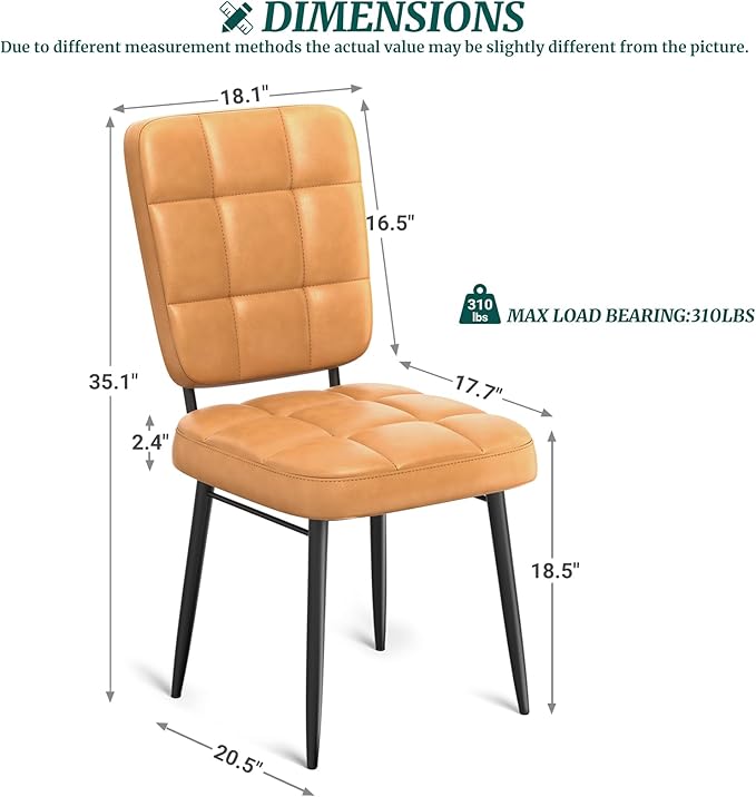 Dining Chairs Set of 2, Leather Upholstered Dining Room Kitchen Chairs with Thick Cushion, High Backrest, Metal Legs, Mid Century Modern Side Chair for Living Room Restaurant, Light Brown