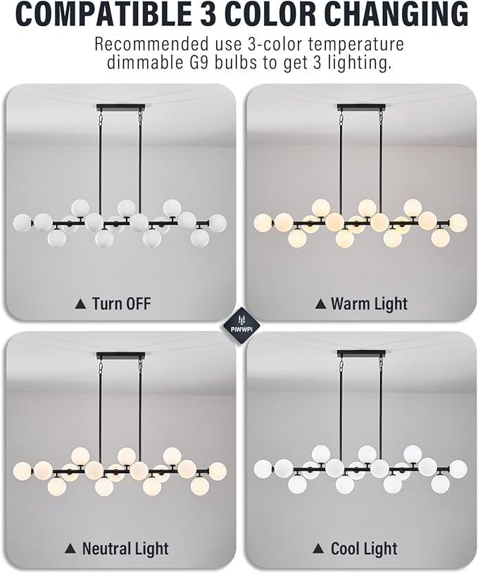 Modern Chandeliers for Dining Room Kitchen Island, 55" Long Large Linear Sputnik Globe Chandelier, 16-Light Mid Century Modern Light Fixture Over Table, Black and Milk White Bubble, GC-08