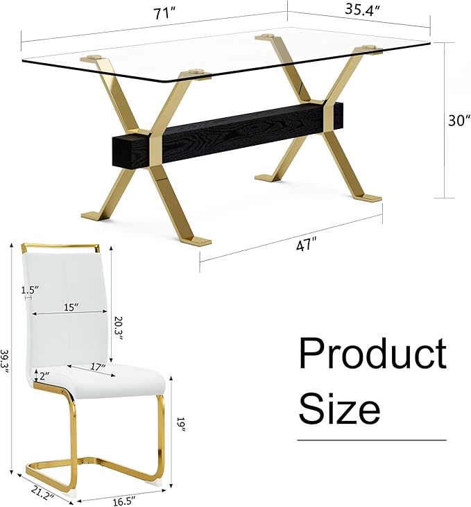 7 Piece Glass Dining Table Set, Kitchen Table Chairs Set for 6, 71'' Dining Table with 0.4" Tempered Glass Tabletop with Plated Metal Legs and MDF Crossbar, 6 PU Chairs for Dining Room, Kitchen.