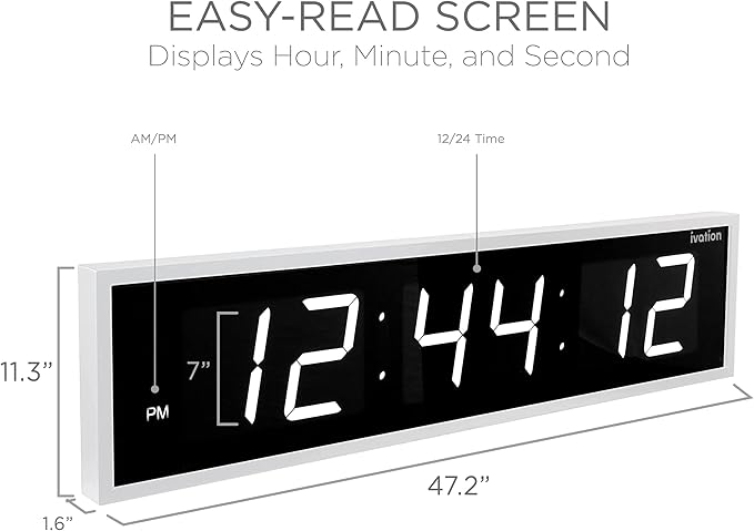 Ivation Huge Oversized 48" Large Digital LED Clock | Big Digital Clock w/Multi-Function Display – Stopwatch, Timer, Alarms, Temp & Date | 6 Brightness Levels, Time Memory & Remote (White)