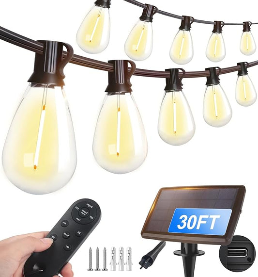 Tenmiro 30FT Solar String Lights Outdoor with Remote and 8+1 LED Shatterproof Bulbs Dimmable & Timing 3 Light Modes Solar Patio String Lights for Cafe, Garden, Deck, Outside Wedding Last for 10+Hrs