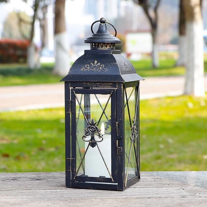 TRIROCKS Decorative Hanging Lantern 13.5'' High Vintage Metal Candle Holder with Tempered Glass Perfect for Living Room Garden Yard Patio Parties Events Indoors Outdoors (Black)
