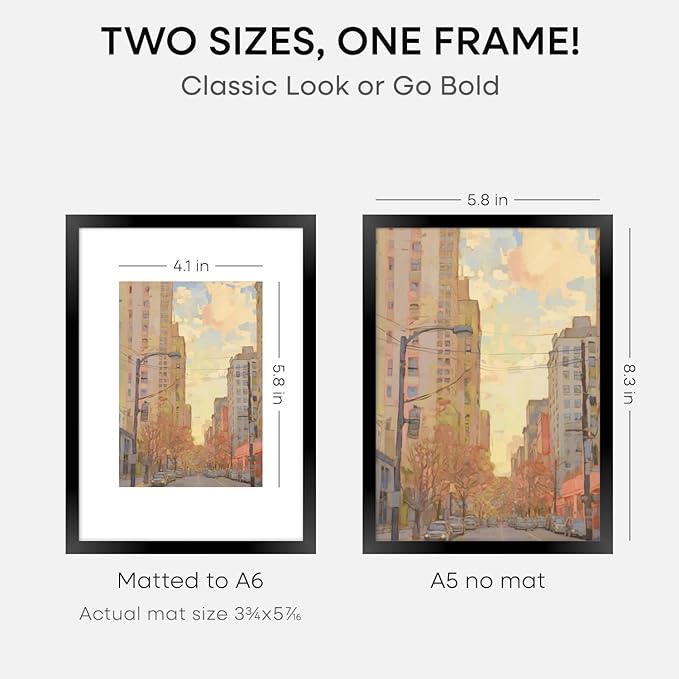 Homeforia A5 Picture Frame Black, High End Metal 5.8x8.3 Frames Matted to 4.1x5.8 Print, A5 Photo Frame with Mat A6, 5.8 x 8.3 Poster Frame, 8.3x5.8 Display Frames, Tempered Glass, Wall Kit, Set of 3