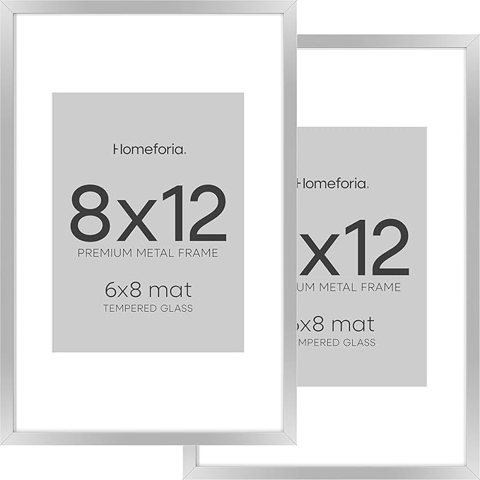Homeforia Silver 8x12 Picture Frame, High End Metal 8 x 12 Poster Frames with Mat 6 by 8 for Photo, 12x8 Frame Matted to 6x8 inch Art, 8by12 Wall or Tabletop Frames, Tempered Glass, Wall Kit, Set of 2
