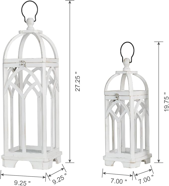 Glitzhome Farmhouse Decorative Lanterns Wooden Candle Lantern Church Window Frame Lanterns for Wedding Mantle Entryway Home Patio Balcony Garden, Pack of 2, Wash White, No Glass