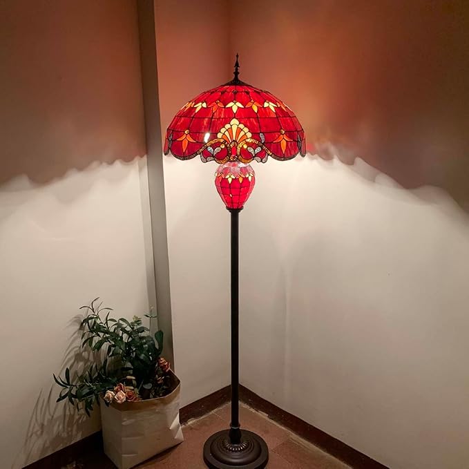 Bieye L10887 Baroque Tiffany Style Stained Glass Double Lit Floor Lamp for Home Decor 64-inch Tall (20-inch Wide, Red)