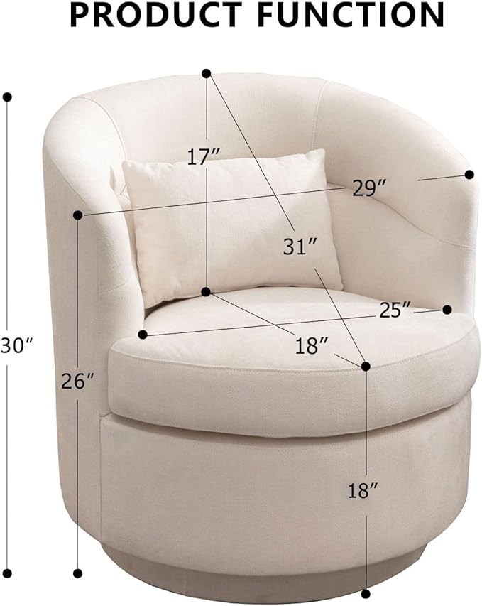 CANMOV Swivel Accent Chair, 360 Degree Round Swivel Barrel Chair with Pillow, Upholstered Comfy Barrel Armchair Single Club Sofa Chair for Living Room,Bedroom, Reading Room, Beige