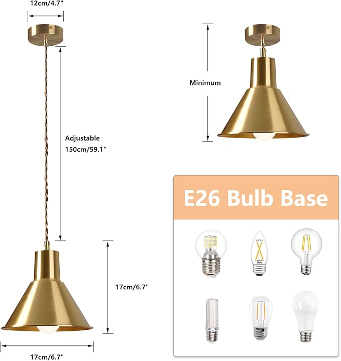 KCO Lighting Brushed Gold Pendant Lighting Modern Cone Pendant Light Brass Mini Hanging Kitchen Island Light Fixture Mid Century Vintage Hanging Ceiling Lamp