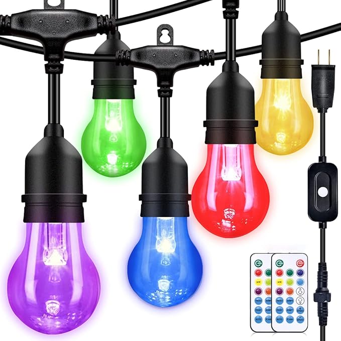 48FT Outdoor RGB String Lights, 16 Shatterproof Edison Bulbs, Dimmable Color Changing Patio Lights with Remote Control. Perfect for Bistro Commercial LED Decorative Lighting