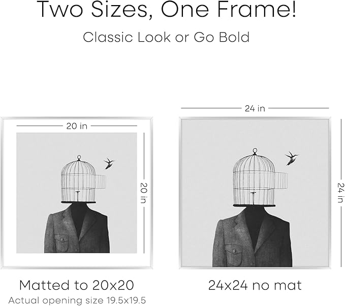 Homeforia 24x24 Silver Picture Frame, High End Metal 24 x 24 Large Square Silver Frames with Mat 20 by 20 inch Photo, 24by24 Thin Poster Frame Matted to 20x20 Print, Tempered Glass, Wall Kit, Set of 2