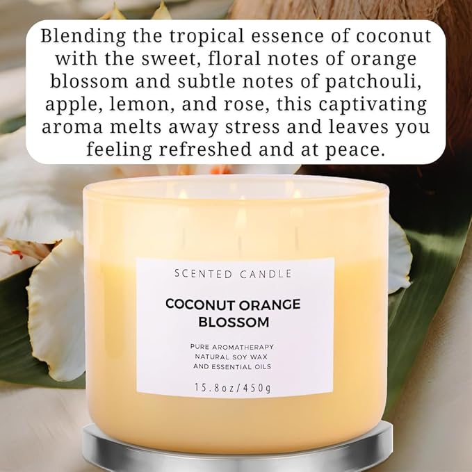 T&H Aromatherapy Soy Candles for Women & Men, Coconut Orange Blossom & Grapefruit Vanilla 3 Wick Scented Candles, 2 x 15.8 Oz