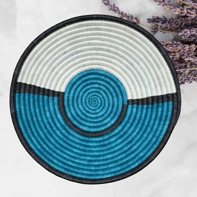 Handwoven African Basket Handmade sisal Fruit Bowl Wall Hanging decorative Baskets for Home Living Room Kitchen Centerpiece Zen Designs Arts and Crafts (Teal Black White, 10in diameter)