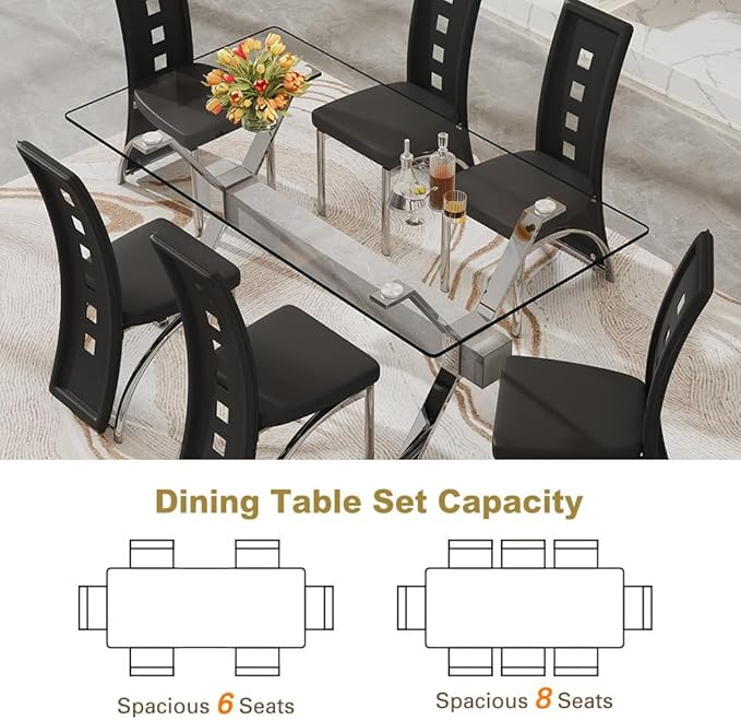 71'' Glass Dining Table Set for 6,7 Piece Dining Table Set with Tempered Glass Tabletop and Open‑Frame X‑Shaped Metal Base,Kitchen Table and Chairs Ideal for Dining Room&Home Office