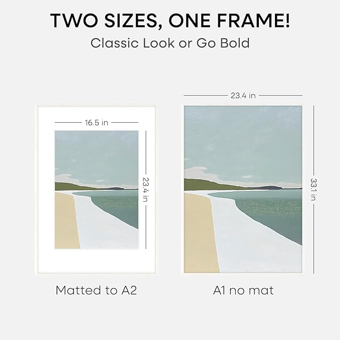 Homeforia A1 Frame White Wood, High End Oak 23.4 x 33.1 White Wooden Poster Frames Matted to 16.5 by 23.4 inches Photo, A1 Size Large Wood Picture Frame with Mat A2, Tempered Glass, Wall Kit, Set of 1