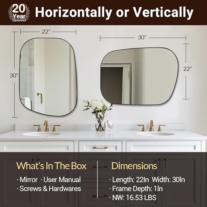 ANDY STAR 22"x30" Black Bathroom Mirror, Irregular Wall Mirror in Stainless Steel Metal Frame, Modern Matte Black Finish with Curved Edge Design, Wall-Mount Vertically or Horizontally