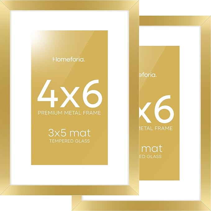 Homeforia 4x6 Picture Frame Gold, High End Metal 4 x 6 Gold Frames with Mat 3 x 5 for Print, 4by6 Desk Frame Matted to 3x5 inch Photo, 4 by 6 Wall or Tabletop Frame, Tempered Glass, Wall Kit, Set of 2