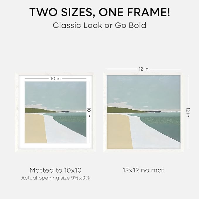 Homeforia 12x12 White Frame Wood, High End Oak 12 x 12 Square Picture Frames with Mat 10 by 10 inches Photo, 12by12 White Wooden Poster Frames Matted to 10x10 Print, Tempered Glass, Wall Kit, Set of 1