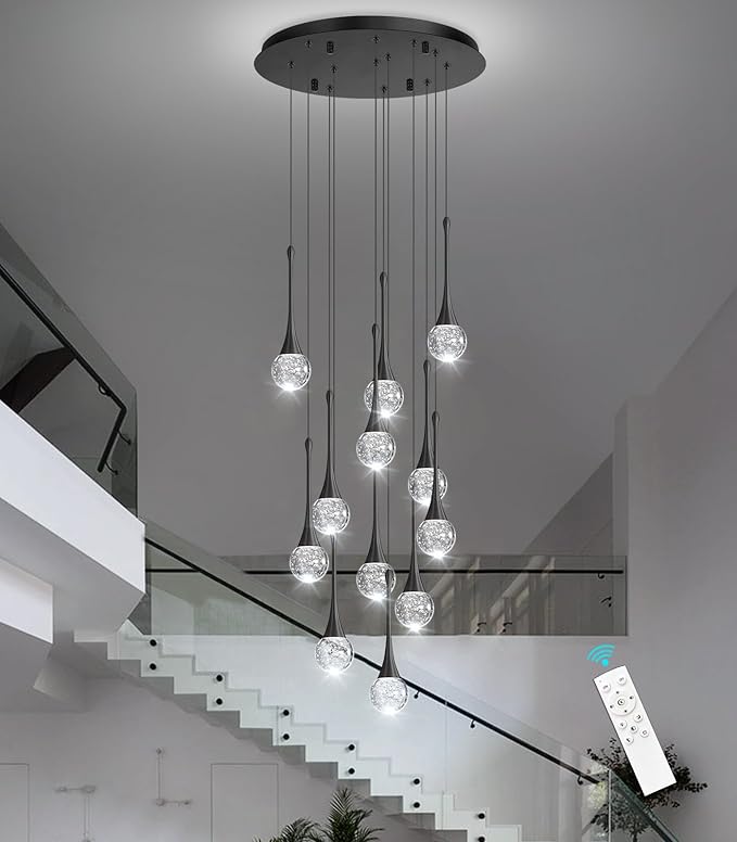 118 inches Modern Glam Crystal Chandelier for High Ceiling LED Dimmable Ceiling Pendant Light Staircase Foyer Enterway Living Room Chandelier Lighting Black 12 Lights