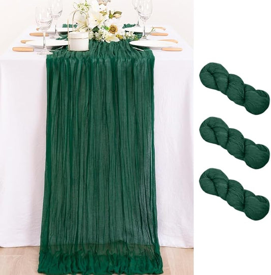 MLMC 3 Pack Emerald Green Cheesecloth Table Runner Boho Dark Green Cheese Cloth Table Runner 10ft Sheer Gauze Fall Cheesecloth Decorations for Wedding Home Party Decor
