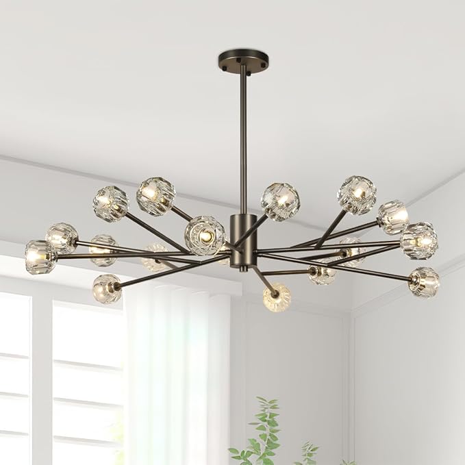 Black Sputnik Chandeliers 47.2", Crystal Sputnik 18 Lights Chandelier for Dining Room, Large Modern Ceiling Chandelier for Living Room Foyer