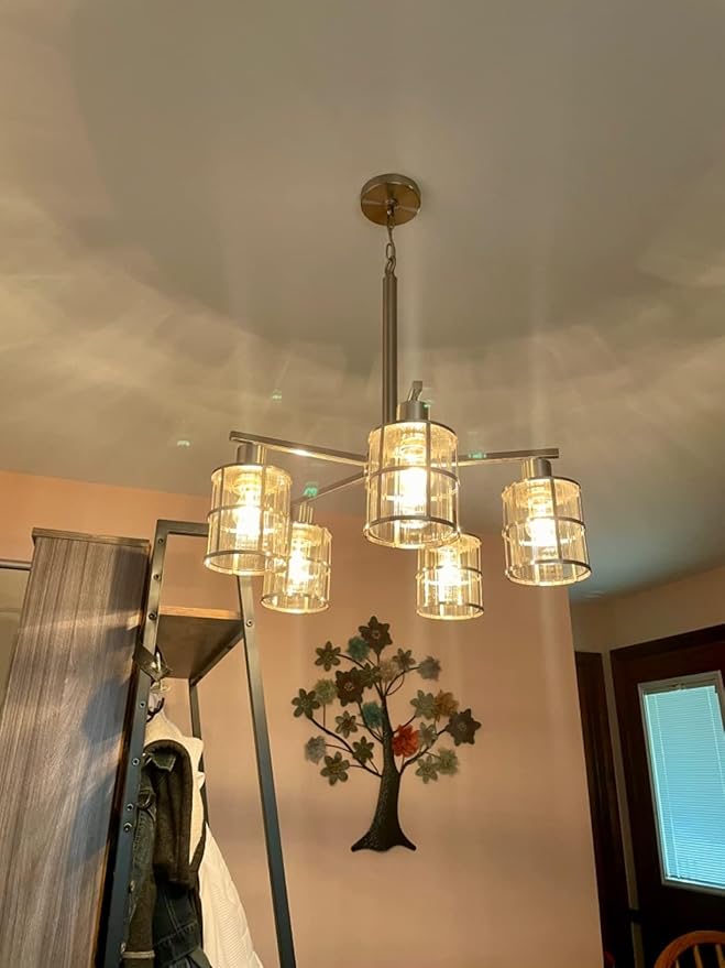 5 Light Modern Industrial Glass with Brushed Nickel Finish,Metal Cage Lighting Fixture and Decoration for Living Room Bedroom Kitchen Farmhouse(UL Certification)
