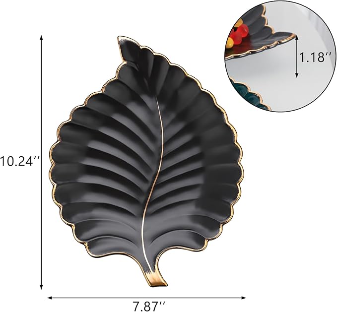 VanEnjoy Candy Dishes Decorative, Key Bowl for Entryway Table, Black Ceramic Bowl Decorative, Decorative Bowl for Keys, Leaf Jewelry Plate Tray