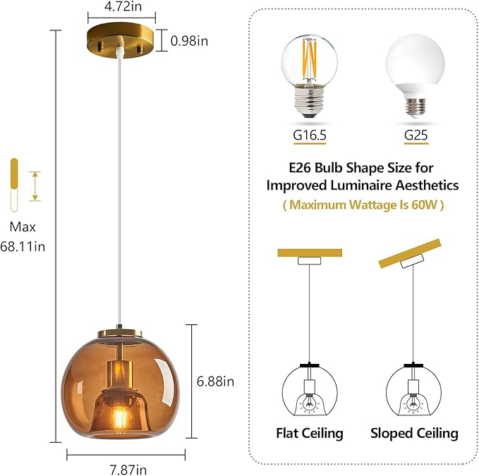 Brown Glass Pendant Lights Kitchen Island Gold Hanging Light Fixture Glass Globe Pendant Light Modern Pendant Lighting for Kitchen Island Bedroom Dining Room (7.87", 2 Pack)