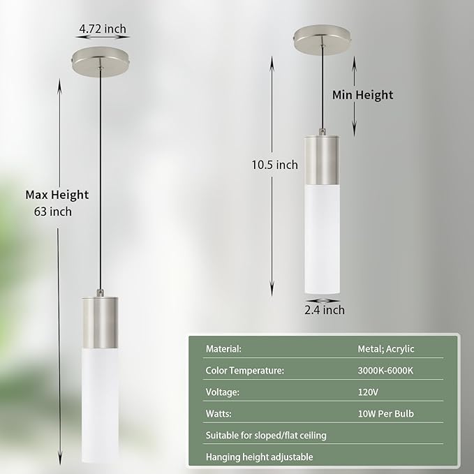 LED Kitchen Pendant Lighting Over Sink 1-Light Brushed Nickel Pendant Lights Modern Dining Table Lights Ceiling Hanging Lamp with Milky White Lampshade, Adjustable Height, 3000K-6000K