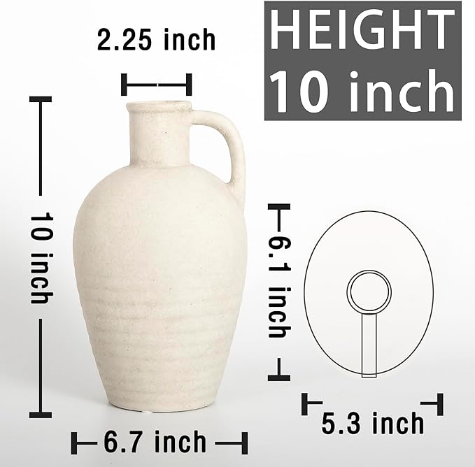 White Ceramic vase with Handle, 10inch Boho Unique Textured Pottery, Rustic Farmhouse Decorative Terracotta vases for Flowers, Centerpieces, Living Room.