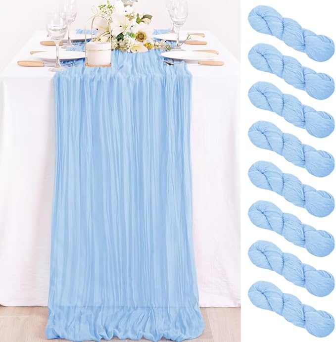 MLMC 8 Pack Baby Blue Table Runner Light Blue Cheesecloth Table Runner 10ft Rustic Gauze Blue Cheese Cloth Baby Shower Decor 35x120 Inches for Fall Gender Reveal Birthday Wedding Party Decor