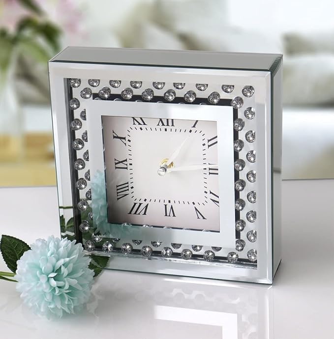 Silent Desk Clocks 8x8x2 Inch Crystal Sparkle Twinkle Bling Square Mirrored Table Top Decorative Clock With Diamond for Home Decoration Silver Mirror Home Decor. AA Battery is not included.