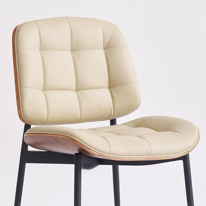 Mid Century Modern Dining Chairs with Walnut Grain Back, Beige Faux Leather Dining Room Chairs Set of 2, Checkered Soft Cushion Kitchen Chairs with Adjustable Foot Pads