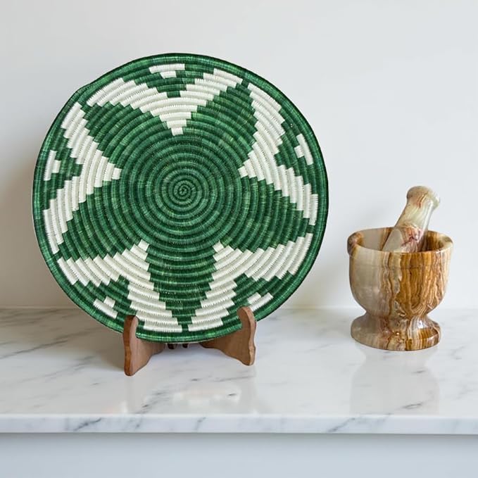 Handwoven African Basket Handmade sisal Fruit Bowl Wall Hanging decorative Baskets for Home Living Room Kitchen Centerpiece Zen Designs Arts and Crafts (Forest Green White, 10in diameter)
