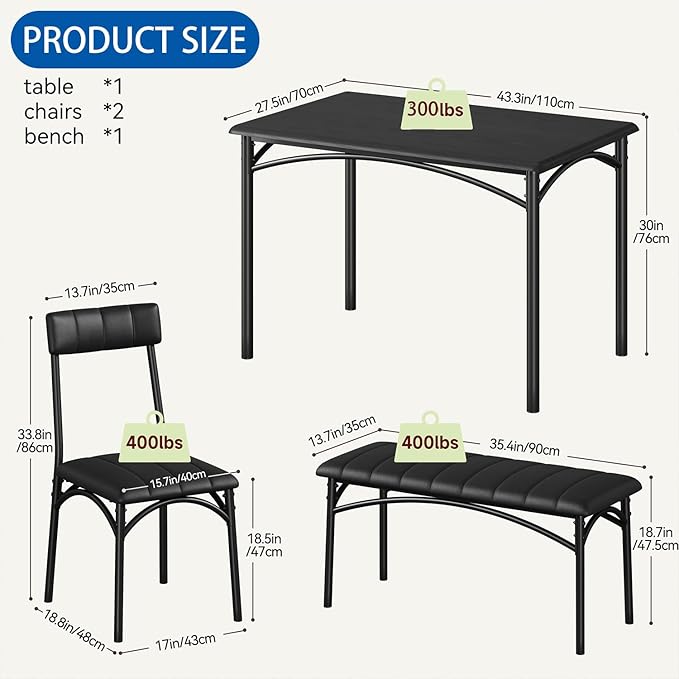 IDEALHOUSE Dining Table Set for 4, Kitchen Table with Chairs for 4, Rectangular Wood Dining Room Table Set with Upholstered Bench for Small Space, Dinner, Apartment, Retro Black