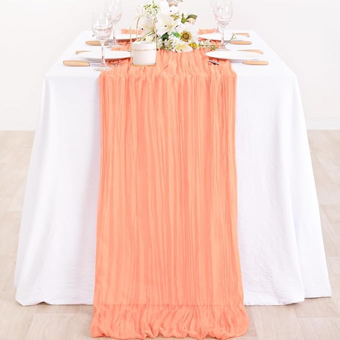 MLMC Peach Pink Cheesecloth Table Runner 10ft Rustic Fall Gauze Coral Cheese Cloth Table Runner 35x120 Inches for Wedding Bridal Baby Shower Thanksgiving Party Decor