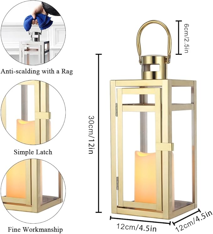 TRIROCKS Set of 2 Stainless Steel Decorative Lantern 12'' High Metal Candle Holder Outdoor Candle Lantern with Tempered Panels for Home Decor Living Room Parties Events Tabletop Indoor Outdoor (Gold)