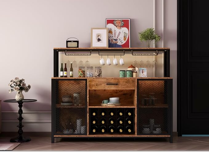 Wine Bar Cabinet with Drawer and LED Lights, 55 Inches Industry Coffee Bar Cabinet with Wine Rack and Glass Goblet Holder, Kitchen Sideboard Buffet Cabinet for Liquor and Goblet