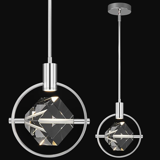 Modern Crystal Pendant Light in Chrome Mini Dimmable Integrated LED Light Fixtures Metal Rod Ceiling Chrome Chandelier for Kitchen Island Bedroom Dining Room Bar(1-Lights)