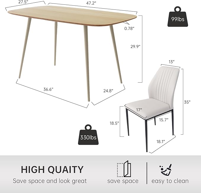 47.2'' Dining Table Set for 4,Modern Wood Dining Table,Leather Dining Chairs 4,Table and Chairs Set of 4,Ideal for Kitchen Dining Room (Cat Scratch Table + 4 White Chairs, 47.2")