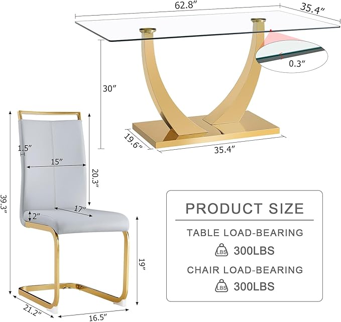 63” Glass Dining Table Set for 6,Gold Dining Room Table Set for 6,Modern Kitchen Table and PU Leather Chairs for 6, Dinner Table with Rectangle Tempered Glass Top and Golden Base