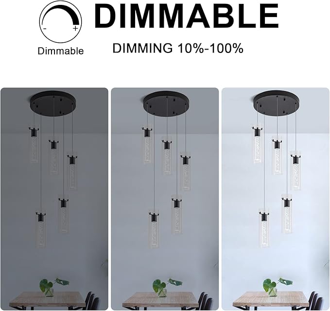 LED Pendant Lighting, Black 5-Light Pendant Light Over Island, Kitchen Island Pendant Lights for Dining Room, Living Room, Corridor, Cafe, Club, Restaurant