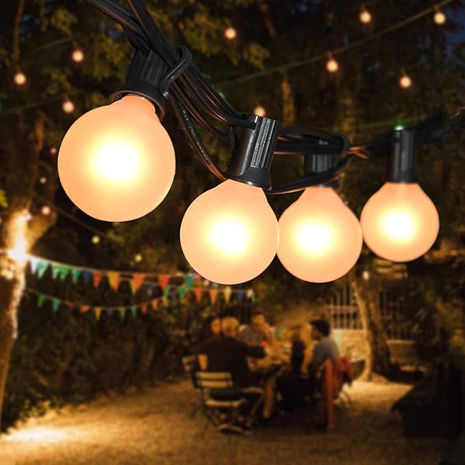 SUNSGNE 25Ft Outdoor Patio String Lights G40 with 27 Frosted White Globe Bulbs, Waterproof Connectable Hanging String Lights for Backyard Porch Balcony Party Christmas Decor, 5 Watt, Black Wire