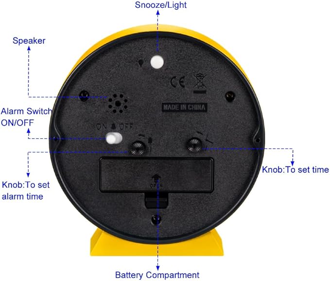 4.5" Battery Operated Antique Retro Analog Alarm Clock, Small Silent Bedside Desk Clock,Lighted on Demand, Battery Operated, Snooze, for Living Room, Bedroom, Bedside, Desk(Yellow)