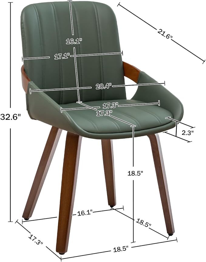 Mid Century Modern Faux Leather Upholstered Dining Chairs Set of 2,Armless Accent Chairs with Sturdy Natural Wood Legs,Bamboo Backrest Support for Kitchen&Dining Room Chairs(Green PU)